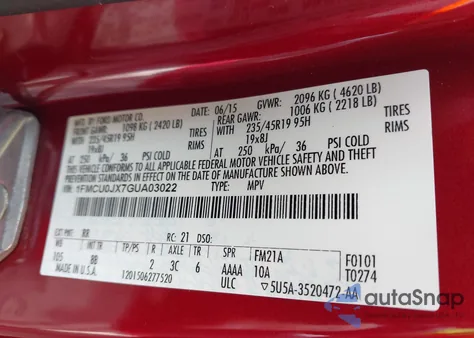 2016 Ford Escape Titanium из США, поврежденный, VIN 1FMCU0JX7GUA03022